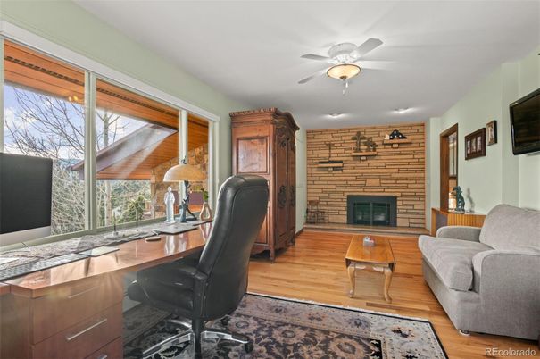 Fireplace, Home Office, Interior, Stone Walls, Wood Texture Flooring