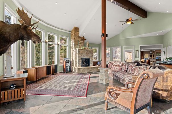 Fireplace, Interior, Living room, Recessed Lighting, Wooden Beams