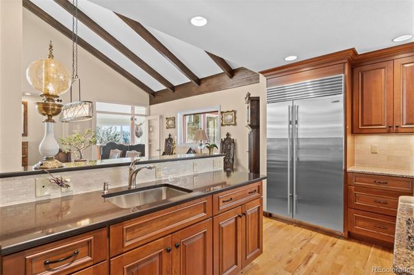 Interior, Kitchen, Pendant Lights, Recessed Lighting, Stainless Steel Appliances, Wooden Beams, Wood Texture Flooring