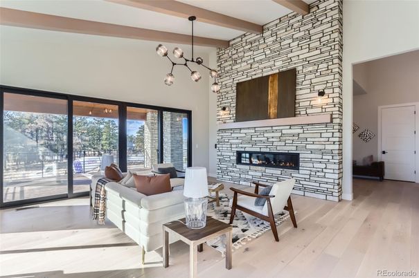 Fireplace, Interior, Living room, Pendant Lights, Stone Walls, Wood Texture Flooring