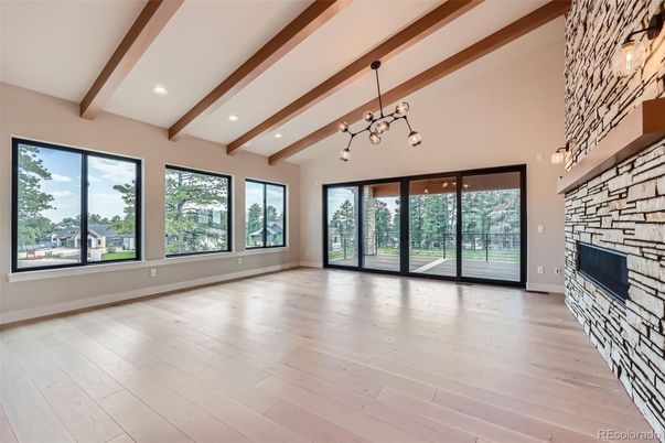 Empty room, Fireplace, Interior, Pendant Lights, Recessed Lighting, Wooden Beams, Wood Texture Flooring