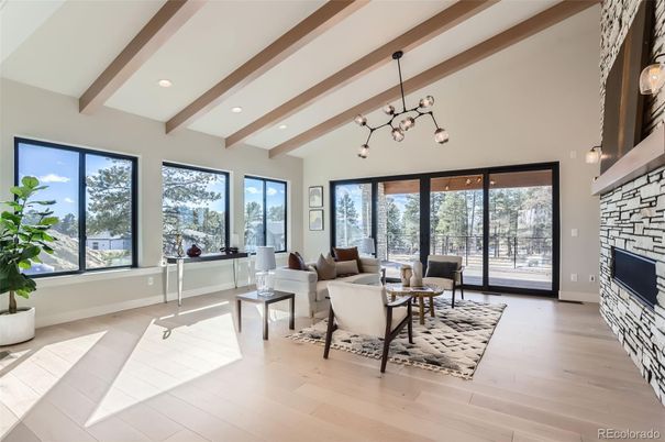 Interior, Living room, Pendant Lights, Recessed Lighting, Wooden Beams, Wood Texture Flooring