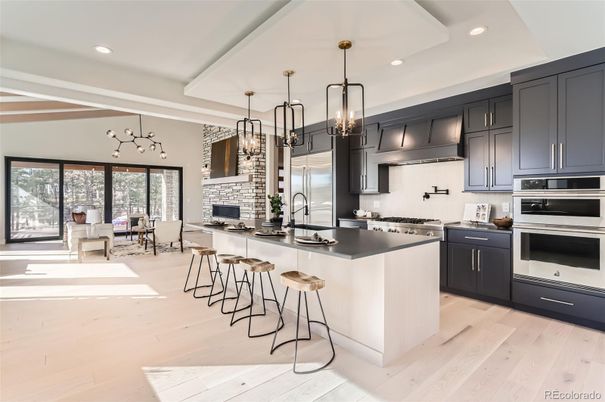 Dining room, Fireplace, Interior, Kitchen, Pendant Lights, Recessed Lighting, Stainless Steel Appliances, Wood Texture Flooring