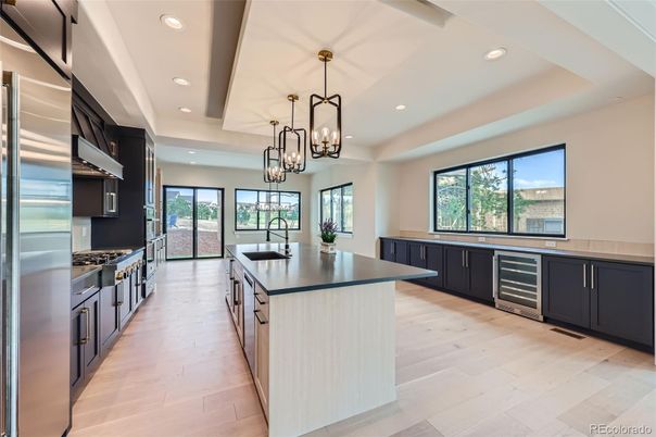 Chandelier, Interior, Kitchen, Pendant Lights, Recessed Lighting, Stainless Steel Appliances, Wood Texture Flooring