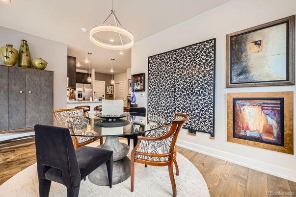 Dining room, Interior, Kitchen, Pendant Lights, Recessed Lighting, Wood Texture Flooring
