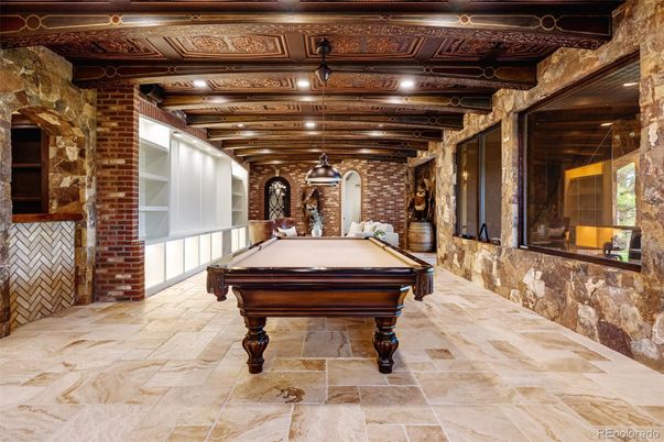 Billiard Table, Game Room, Interior, Stone Walls, Wooden Beams