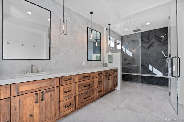 Bathroom, Dual Sink Vanities, Glass Shower, Interior, Pendant Lights, Recessed Lighting