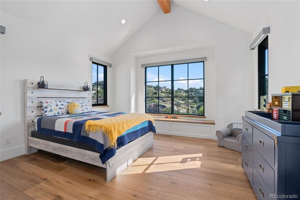 Bedroom, Interior, Recessed Lighting, Wooden Beams, Wood Texture Flooring