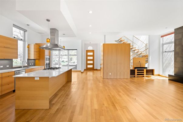 Interior, Kitchen, Pendant Lights, Recessed Lighting, Wood Texture Flooring