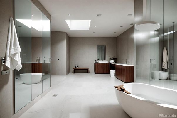 Bathroom, Dual Sink Vanities, Free Standing Baths, Interior, Marble, Recessed Lighting