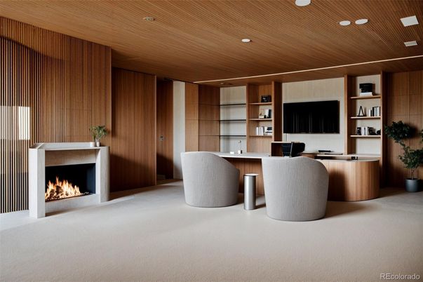 Fireplace, Home Office, Interior, Recessed Lighting, Wooden Ceilings, Wooden Walls