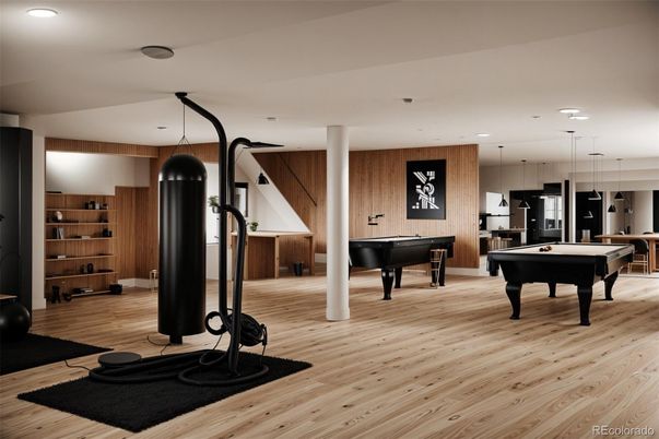 Billiard Table, Game Room, Interior, Pendant Lights, Piano, Recessed Lighting, Wood Texture Flooring, Wooden Walls
