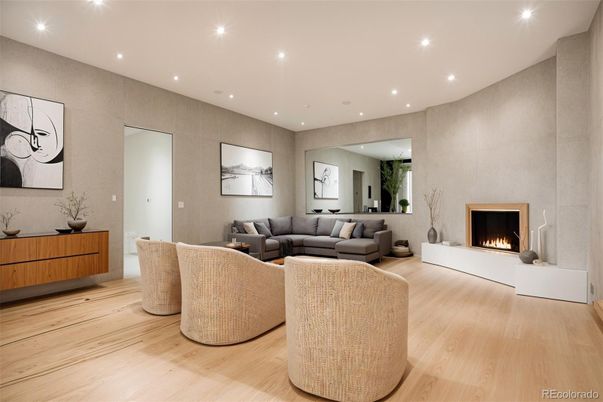 Fireplace, Interior, Living room, Recessed Lighting, Wood Texture Flooring