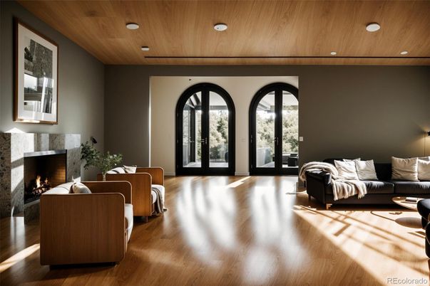 Fireplace, Interior, Living room, Recessed Lighting, Wooden Ceilings, Wood Texture Flooring