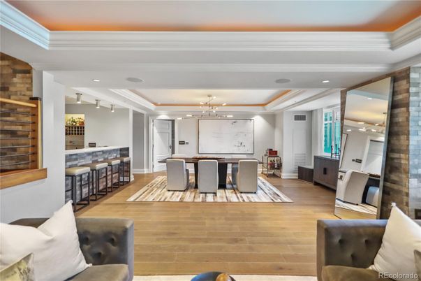 Dining room, Interior, Pendant Lights, Recessed Lighting, Wood Texture Flooring