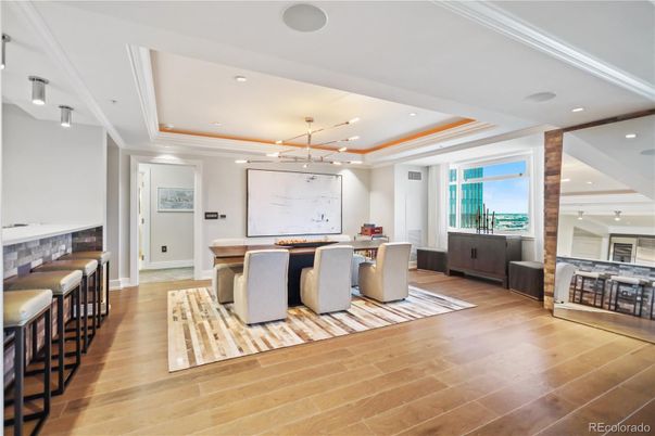 Dining room, Interior, Pendant Lights, Recessed Lighting, Wood Texture Flooring