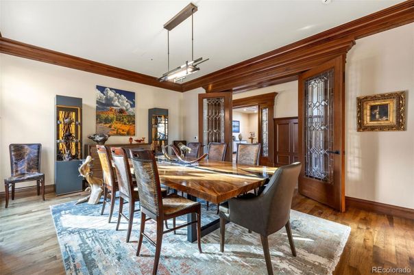 Dining room, Interior, Pendant Lights, Wood Texture Flooring
