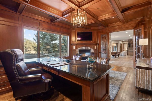 Chandelier, Fireplace, Home Office, Interior, Kitchen, Pendant Lights, Recessed Lighting, Wooden Beams, Wooden Ceilings, Wood Texture Flooring, Wooden Walls
