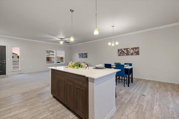 Dining room, Interior, Pendant Lights, Wood Texture Flooring
