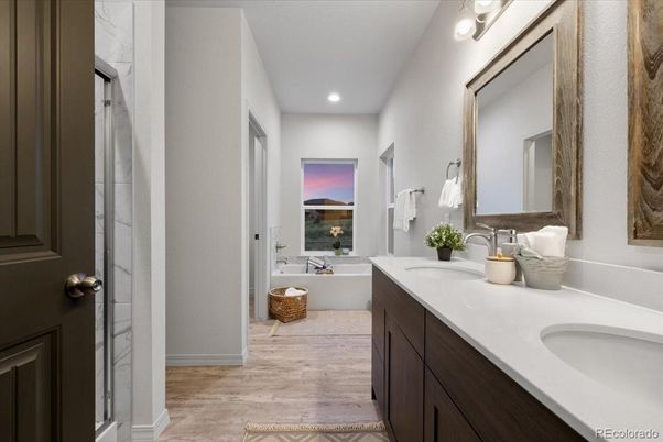 Bathroom, Dual Sink Vanities, Interior, Recessed Lighting, Wood Texture Flooring