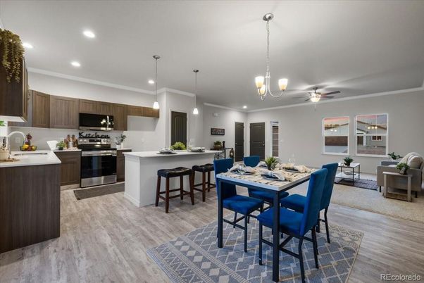 Dining room, Interior, Kitchen, Pendant Lights, Recessed Lighting, Stainless Steel Appliances, Wood Texture Flooring