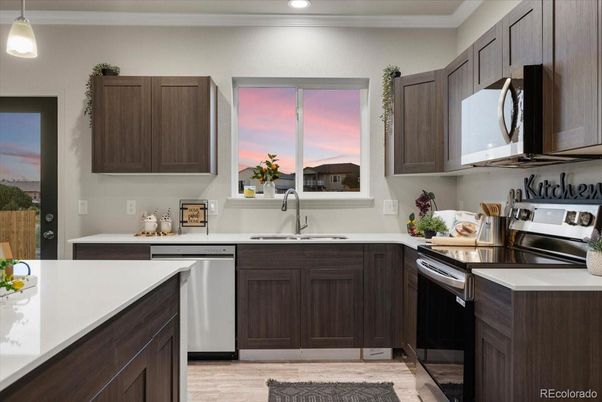 Interior, Kitchen, Pendant Lights, Recessed Lighting, Stainless Steel Appliances, Wood Texture Flooring
