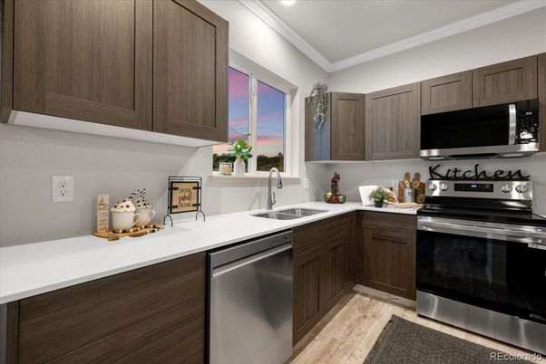 Interior, Kitchen, Recessed Lighting, Stainless Steel Appliances, Wood Texture Flooring