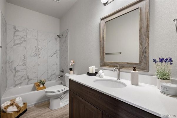 Bathroom, Interior, Marble Walls, Wood Texture Flooring