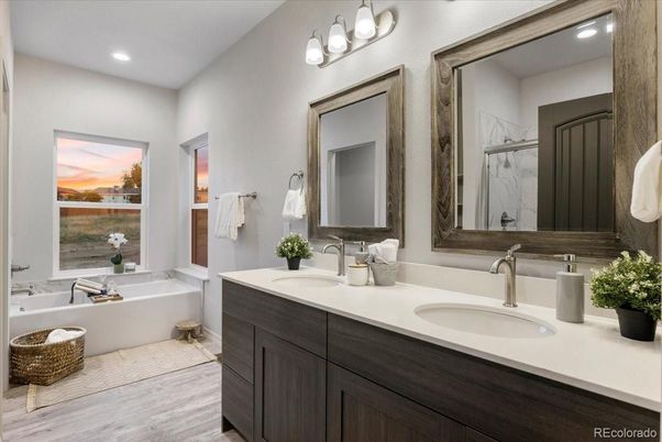 Bathroom, Dual Sink Vanities, Interior, Recessed Lighting, Wood Texture Flooring