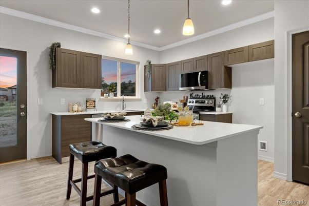 Interior, Kitchen, Pendant Lights, Recessed Lighting, Wood Texture Flooring