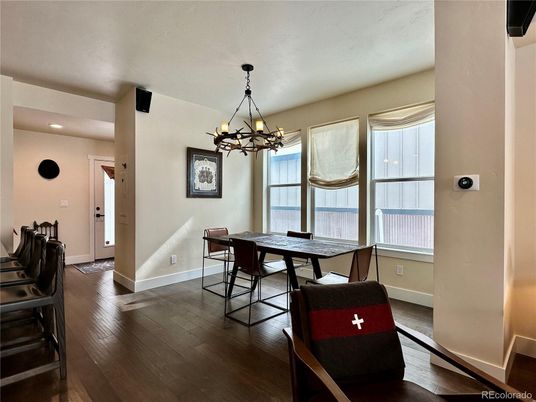 Chandelier, Dining room, Interior, Pendant Lights, Recessed Lighting, Wood Texture Flooring