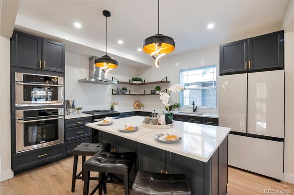 Interior, Kitchen, Pendant Lights, Recessed Lighting, Stainless Steel Appliances, Wood Texture Flooring