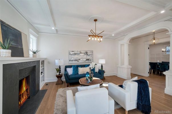 Fireplace, Interior, Living room, Pendant Lights, Piano, Recessed Lighting, Wood Texture Flooring