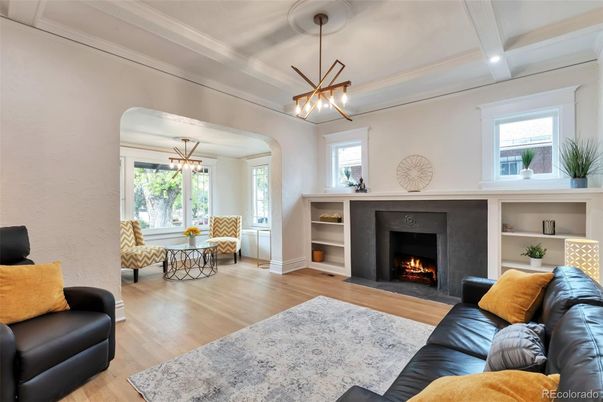 Dining room, Fireplace, Interior, Living room, Pendant Lights, Wood Texture Flooring