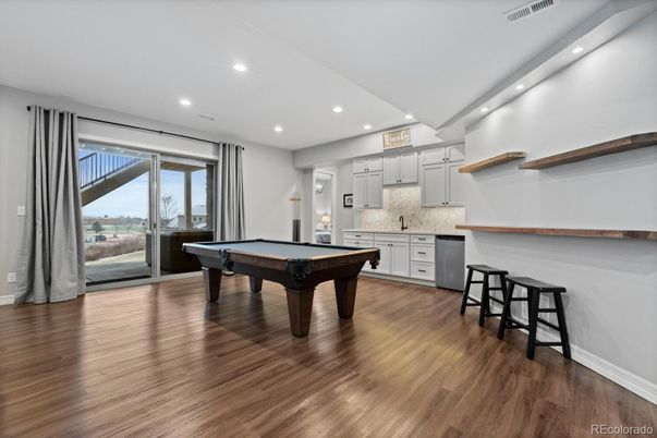 Billiard Table, Game Room, Interior, Kitchen, Recessed Lighting, Wood Texture Flooring
