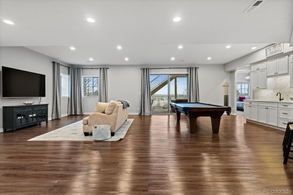 Billiard Table, Game Room, Interior, Recessed Lighting, Wood Texture Flooring