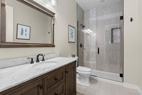 Bathroom, Glass Shower, Interior, Recessed Lighting, Wood Texture Flooring