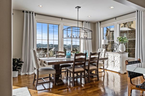 Dining room, Interior, Pendant Lights, Recessed Lighting, Wood Texture Flooring