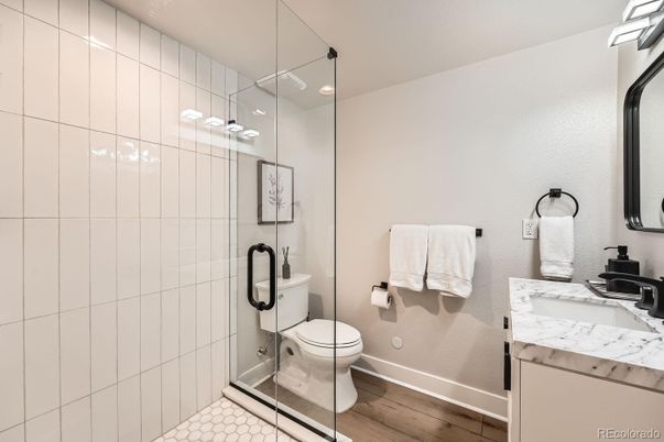 Bathroom, Glass Shower, Interior, Wood Texture Flooring
