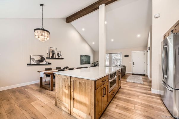 Chandelier, Interior, Kitchen, Pendant Lights, Recessed Lighting, Wooden Beams, Wood Texture Flooring