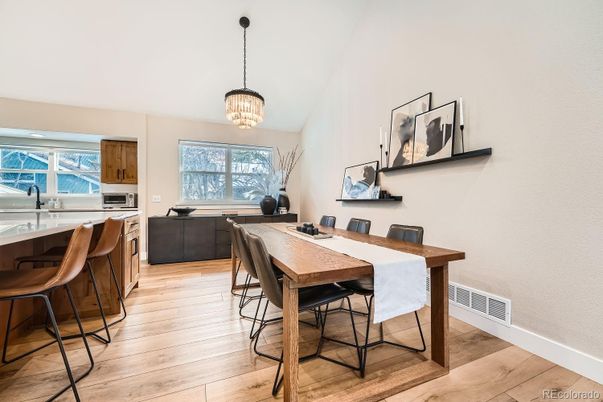 Chandelier, Dining room, Interior, Kitchen, Living room, Pendant Lights, Wood Texture Flooring