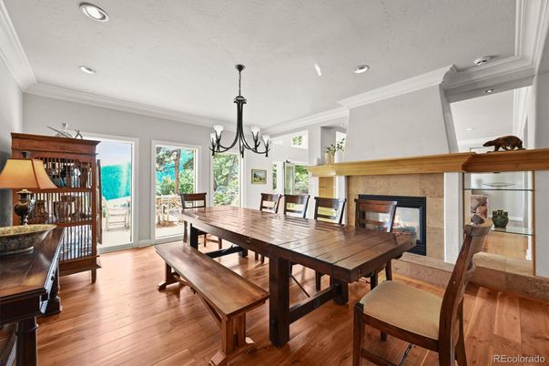 Chandelier, Dining room, Fireplace, Interior, Recessed Lighting, Wood Texture Flooring