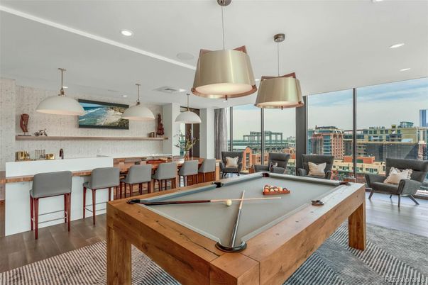Billiard Table, Game Room, Interior, Pendant Lights, Recessed Lighting, Wood Texture Flooring