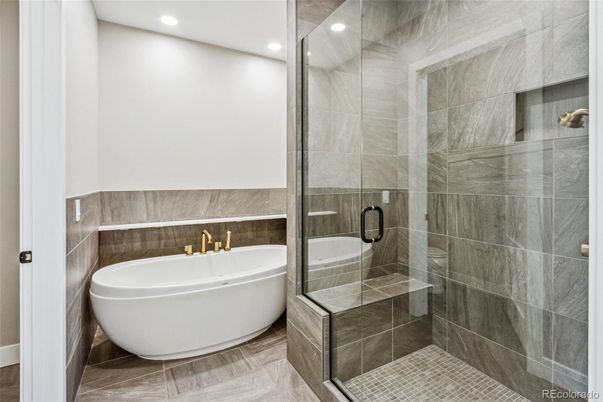 Bathroom, Free Standing Baths, Glass Shower, Interior, Recessed Lighting