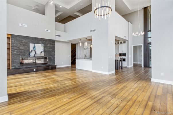 Fireplace, Interior, Kitchen, Pendant Lights, Stone Walls, Wood Texture Flooring