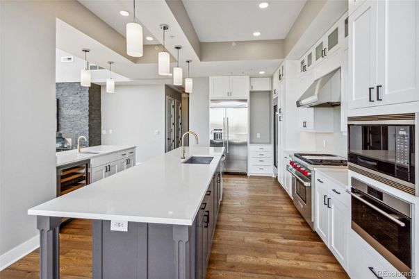 Interior, Kitchen, Pendant Lights, Recessed Lighting, Stainless Steel Appliances, Wood Texture Flooring