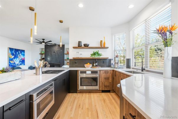 Interior, Kitchen, Pendant Lights, Recessed Lighting, Stainless Steel Appliances, Wood Texture Flooring