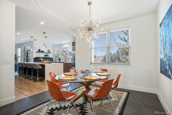 Dining room, Interior, Kitchen, Pendant Lights, Recessed Lighting, Wood Texture Flooring
