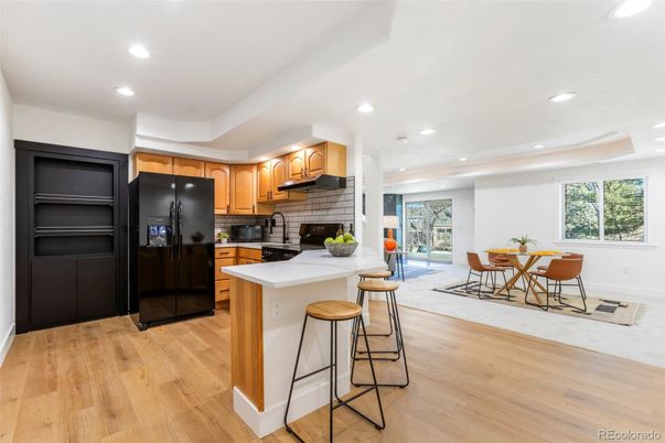 Dining room, Interior, Kitchen, Recessed Lighting, Wood Texture Flooring