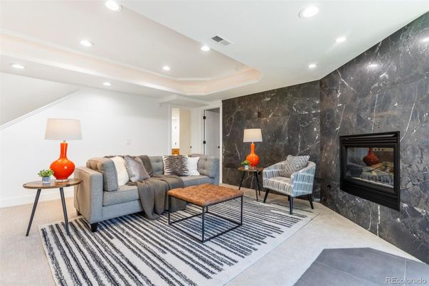 Fireplace, Interior, Living room, Marble Walls, Recessed Lighting